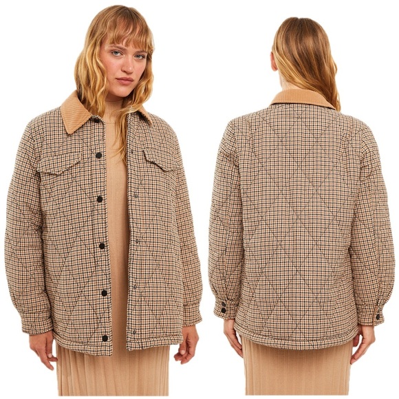 Zara Plaid Quilted Corduroy Collar Tan Cream Black Button Down Jacket Shacket - Picture 13 of 14